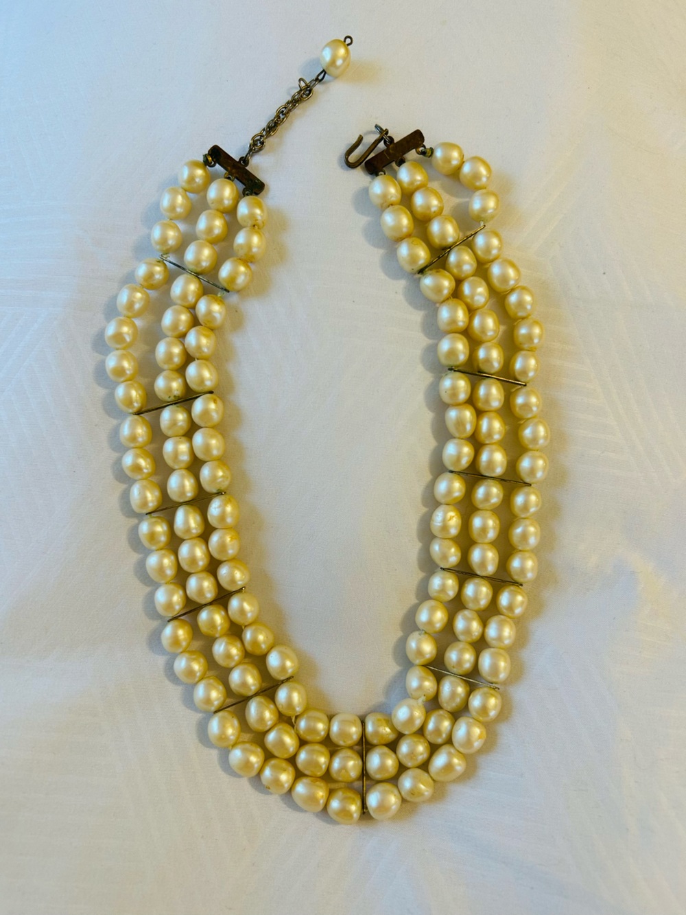 Vintage Three-Strand Pearl-Style Necklace in Creamy Gold